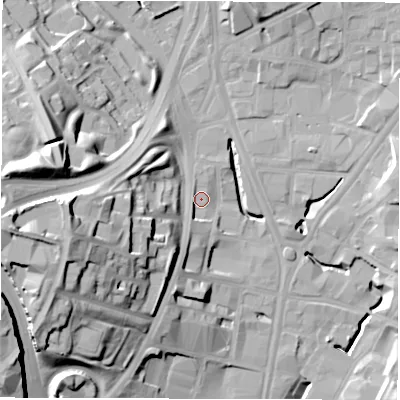 Shaded relief map of the ground around LS71AH, computed from Environment Agency LiDAR. The ground here sits at about 34 m above sea level and falls 35 m across the surrounding 800 m. Surface water reaching this point runs off ground lying to the south-south-west, 5.1 m higher.