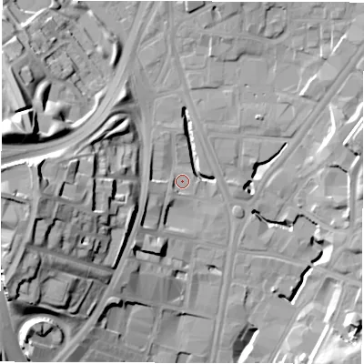 Shaded relief map of the ground around LS71AL, computed from Environment Agency LiDAR. The ground here sits at about 33 m above sea level and falls 35 m across the surrounding 800 m. Surface water reaching this point runs off ground lying to the south-west, 2.2 m higher.