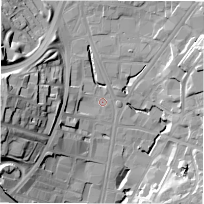 Shaded relief map of the ground around LS71AP, computed from Environment Agency LiDAR. The ground here sits at about 32 m above sea level and falls 33 m across the surrounding 800 m. Surface water reaching this point runs off ground lying to the west, 29.9 m higher.