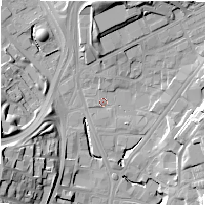 Shaded relief map of the ground around LS71AQ, computed from Environment Agency LiDAR. The ground here sits at about 34 m above sea level and falls 31 m across the surrounding 800 m. Surface water reaching this point runs off ground lying to the north-north-east, 3.5 m higher.