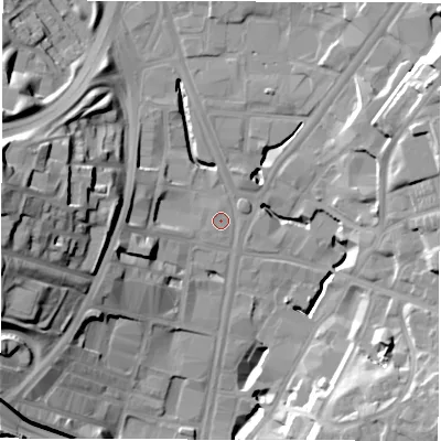 Shaded relief map of the ground around LS71AT, computed from Environment Agency LiDAR. The ground here sits at about 33 m above sea level and falls 33 m across the surrounding 800 m. Surface water reaching this point runs off ground lying to the west-south-west, 1.0 m higher.