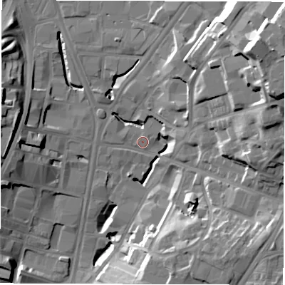 Shaded relief map of the ground around LS71AX, computed from Environment Agency LiDAR. The ground here sits at about 31 m above sea level and falls 33 m across the surrounding 800 m. Surface water reaching this point runs off ground lying to the west, 4.6 m higher.