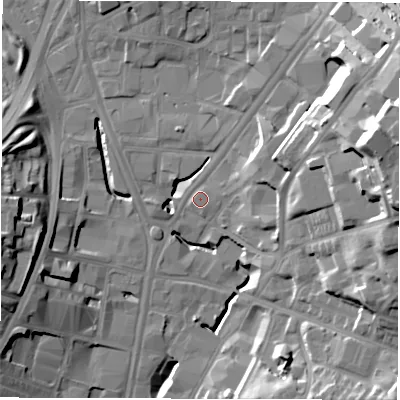Shaded relief map of the ground around LS71BA, computed from Environment Agency LiDAR. The ground here sits at about 33 m above sea level and falls 32 m across the surrounding 800 m. Surface water reaching this point runs off ground lying to the east-north-east, 26.7 m higher.