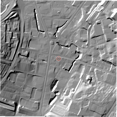 Shaded relief map of the ground around LS71BB, computed from Environment Agency LiDAR. The ground here sits at about 32 m above sea level and falls 33 m across the surrounding 800 m. Surface water reaching this point runs off ground lying to the west-north-west, 1.3 m higher.