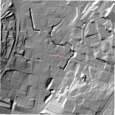 Shaded relief map of the ground around LS71BD, computed from Environment Agency LiDAR. The ground here sits at about 32 m above sea level and falls 33 m across the surrounding 800 m. Surface water reaching this point runs off ground lying to the west-north-west, 4.6 m higher.