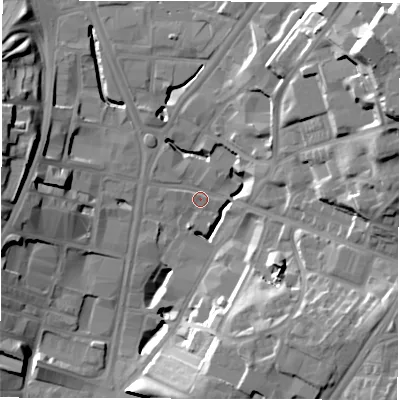 Shaded relief map of the ground around LS71BE, computed from Environment Agency LiDAR. The ground here sits at about 31 m above sea level and falls 33 m across the surrounding 800 m. Surface water reaching this point runs off ground lying to the west, 4.5 m higher.