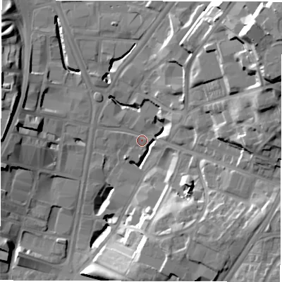 Shaded relief map of the ground around LS71BF, computed from Environment Agency LiDAR. The ground here sits at about 31 m above sea level and falls 33 m across the surrounding 800 m. Surface water reaching this point runs off ground lying to the north-east, 31.9 m higher.