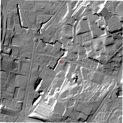 Shaded relief map of the ground around LS71BH, computed from Environment Agency LiDAR. The ground here sits at about 31 m above sea level and falls 33 m across the surrounding 800 m. Surface water reaching this point runs off ground lying to the north-east, 32.1 m higher.