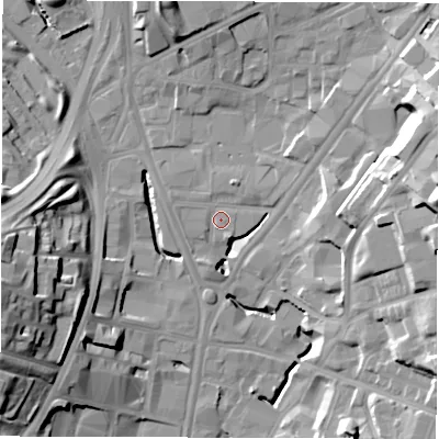 Shaded relief map of the ground around LS71BL, computed from Environment Agency LiDAR. The ground here sits at about 33 m above sea level and falls 30 m across the surrounding 800 m. Surface water reaching this point runs off ground lying to the north-east, 7.4 m higher.