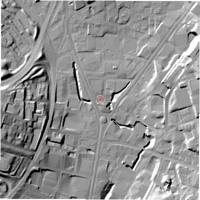 Shaded relief map of the ground around LS71DH, computed from Environment Agency LiDAR. The ground here sits at about 32 m above sea level and falls 30 m across the surrounding 800 m. Surface water reaching this point runs off ground lying to the north, 6.3 m higher.