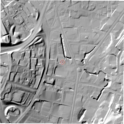 Shaded relief map of the ground around LS71EH, computed from Environment Agency LiDAR. The ground here sits at about 33 m above sea level and falls 35 m across the surrounding 800 m. Surface water reaching this point runs off ground lying to the west, 2.5 m higher.