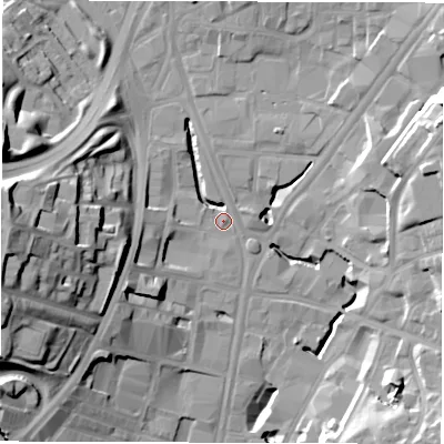 Shaded relief map of the ground around LS71EJ, computed from Environment Agency LiDAR. The ground here sits at about 33 m above sea level and falls 32 m across the surrounding 800 m. Surface water reaching this point runs off ground lying to the west, 29.9 m higher.