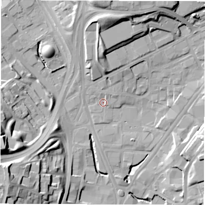 Shaded relief map of the ground around LS71PZ, computed from Environment Agency LiDAR. The ground here sits at about 34 m above sea level and falls 31 m across the surrounding 800 m. Surface water reaching this point runs off ground lying to the north-north-east, 4.8 m higher.