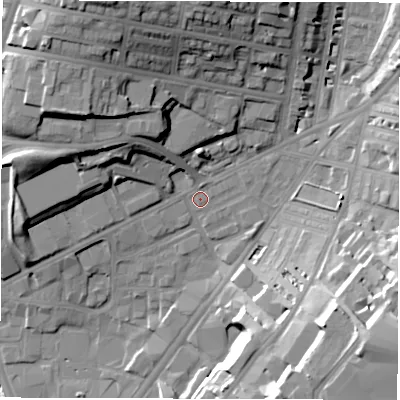 Shaded relief map of the ground around LS71QB, computed from Environment Agency LiDAR. The ground here sits at about 37 m above sea level and falls 30 m across the surrounding 800 m. Surface water reaching this point runs off ground lying to the north-north-west, 2.1 m higher.