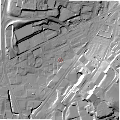 Shaded relief map of the ground around LS71QN, computed from Environment Agency LiDAR. The ground here sits at about 36 m above sea level and falls 31 m across the surrounding 800 m. Surface water reaching this point runs off ground lying to the east-south-east, 23.7 m higher.
