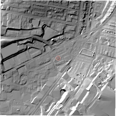 Shaded relief map of the ground around LS71QQ, computed from Environment Agency LiDAR. The ground here sits at about 37 m above sea level and falls 27 m across the surrounding 800 m. Surface water reaching this point runs off ground lying to the north-west, 21.3 m higher.