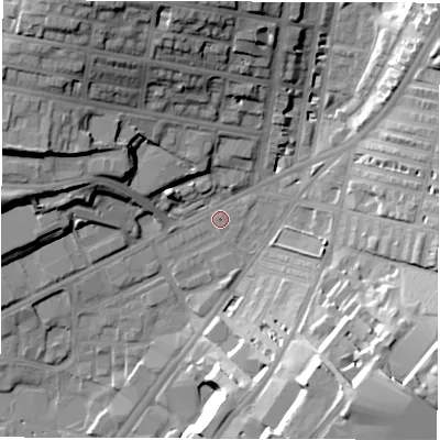 Shaded relief map of the ground around LS71QR, computed from Environment Agency LiDAR. The ground here sits at about 38 m above sea level and falls 28 m across the surrounding 800 m. Surface water reaching this point runs off ground lying to the north-north-west, 24.9 m higher.