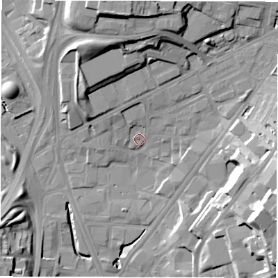 Shaded relief map of the ground around LS71RF, computed from Environment Agency LiDAR. The ground here sits at about 35 m above sea level and falls 31 m across the surrounding 800 m. Surface water reaching this point runs off ground lying to the north-west, 4.2 m higher.