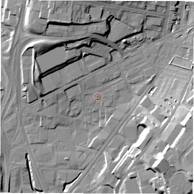 Shaded relief map of the ground around LS71RG, computed from Environment Agency LiDAR. The ground here sits at about 36 m above sea level and falls 30 m across the surrounding 800 m. Surface water reaching this point runs off ground lying to the north-west, 2.2 m higher.