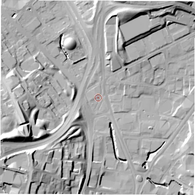 Shaded relief map of the ground around LS72AA, computed from Environment Agency LiDAR. The ground here sits at about 33 m above sea level and falls 34 m across the surrounding 800 m. Surface water reaching this point runs off ground lying to the west-south-west, 30.3 m higher.