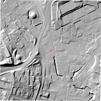 Shaded relief map of the ground around LS72AG, computed from Environment Agency LiDAR. The ground here sits at about 33 m above sea level and falls 34 m across the surrounding 800 m. Surface water reaching this point runs off ground lying to the west-south-west, 30.2 m higher.