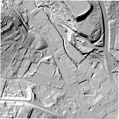 Shaded relief map of the ground around LS72AH, computed from Environment Agency LiDAR. The ground here sits at about 37 m above sea level and falls 48 m across the surrounding 800 m. Surface water reaching this point runs off ground lying to the north-west, 2.6 m higher.