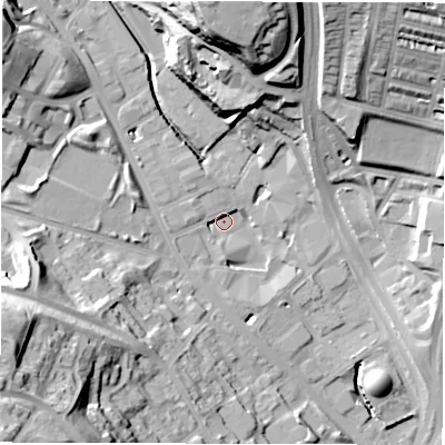 Shaded relief map of the ground around LS72AL, computed from Environment Agency LiDAR. The ground here sits at about 36 m above sea level and falls 41 m across the surrounding 800 m. Surface water reaching this point runs off ground lying to the north-west, 15.7 m higher.