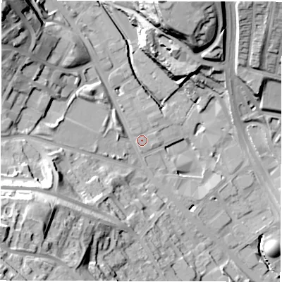Shaded relief map of the ground around LS72AP, computed from Environment Agency LiDAR. The ground here sits at about 39 m above sea level and falls 46 m across the surrounding 800 m. Surface water reaching this point runs off ground lying to the north-west, 28.5 m higher.