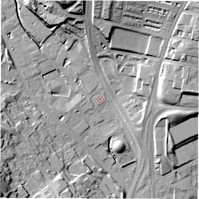 Shaded relief map of the ground around LS72AT, computed from Environment Agency LiDAR. The ground here sits at about 37 m above sea level and falls 32 m across the surrounding 800 m. Surface water reaching this point runs off ground lying to the north-north-west, 28.2 m higher.