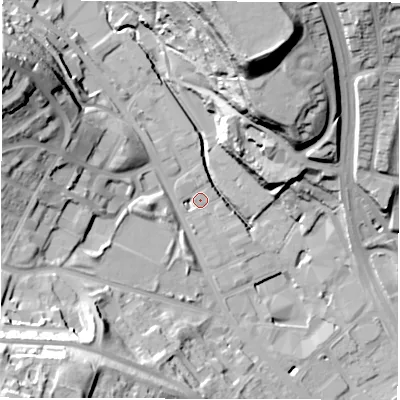 Shaded relief map of the ground around LS72AU, computed from Environment Agency LiDAR. The ground here sits at about 39 m above sea level and falls 49 m across the surrounding 800 m. Surface water reaching this point runs off ground lying to the west, 2.6 m higher.