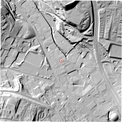 Shaded relief map of the ground around LS72AW, computed from Environment Agency LiDAR. The ground here sits at about 39 m above sea level and falls 50 m across the surrounding 800 m. Surface water reaching this point runs off ground lying to the east-north-east, 0.7 m higher.