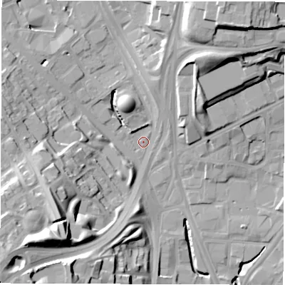 Shaded relief map of the ground around LS72BB, computed from Environment Agency LiDAR. The ground here sits at about 34 m above sea level and falls 34 m across the surrounding 800 m. Surface water reaching this point runs off ground lying to the south-west, 31.0 m higher.