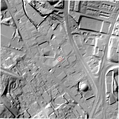 Shaded relief map of the ground around LS72BH, computed from Environment Agency LiDAR. The ground here sits at about 37 m above sea level and falls 37 m across the surrounding 800 m. Surface water reaching this point runs off ground lying to the west-south-west, 2.1 m higher.