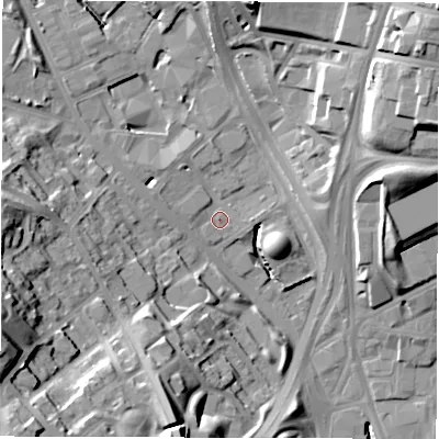 Shaded relief map of the ground around LS72BP, computed from Environment Agency LiDAR. The ground here sits at about 36 m above sea level and falls 35 m across the surrounding 800 m. Surface water reaching this point runs off ground lying to the north-east, 17.1 m higher.