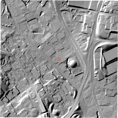 Shaded relief map of the ground around LS72BQ, computed from Environment Agency LiDAR. The ground here sits at about 36 m above sea level and falls 35 m across the surrounding 800 m. Surface water reaching this point runs off ground lying to the north-east, 16.8 m higher.