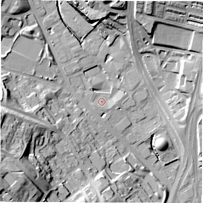 Shaded relief map of the ground around LS72BT, computed from Environment Agency LiDAR. The ground here sits at about 37 m above sea level and falls 39 m across the surrounding 800 m. Surface water reaching this point runs off ground lying to the south, 2.4 m higher.