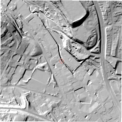 Shaded relief map of the ground around LS72BU, computed from Environment Agency LiDAR. The ground here sits at about 39 m above sea level and falls 51 m across the surrounding 800 m. Surface water reaching this point runs off ground lying to the north, 51.0 m higher.