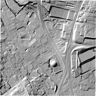 Shaded relief map of the ground around LS72BX, computed from Environment Agency LiDAR. The ground here sits at about 36 m above sea level and falls 29 m across the surrounding 800 m. Surface water reaching this point runs off ground lying to the north, 20.6 m higher.