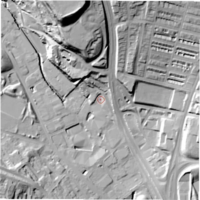 Shaded relief map of the ground around LS72BY, computed from Environment Agency LiDAR. The ground here sits at about 39 m above sea level and falls 50 m across the surrounding 800 m. Surface water reaching this point runs off ground lying to the north, 39.9 m higher.