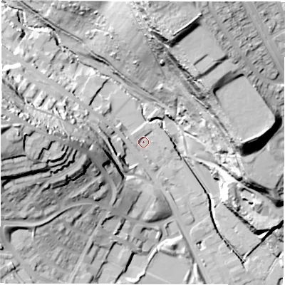Shaded relief map of the ground around LS72DD, computed from Environment Agency LiDAR. The ground here sits at about 40 m above sea level and falls 63 m across the surrounding 800 m. Surface water reaching this point runs off ground lying to the west-north-west, 3.0 m higher.