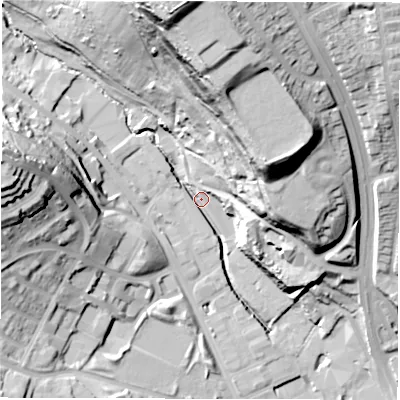 Shaded relief map of the ground around LS72DF, computed from Environment Agency LiDAR. The ground here sits at about 40 m above sea level and falls 61 m across the surrounding 800 m. Surface water reaching this point runs off ground lying to the north, 61.5 m higher.