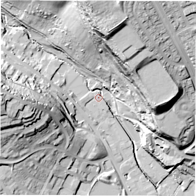 Shaded relief map of the ground around LS72DG, computed from Environment Agency LiDAR. The ground here sits at about 41 m above sea level and falls 65 m across the surrounding 800 m. Surface water reaching this point runs off ground lying to the north, 61.4 m higher.