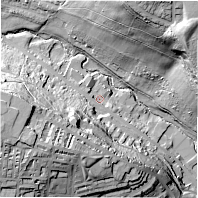 Shaded relief map of the ground around LS72DJ, computed from Environment Agency LiDAR. The ground here sits at about 46 m above sea level and falls 68 m across the surrounding 800 m. Surface water reaching this point runs off ground lying to the south-west, 45.9 m higher.