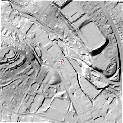 Shaded relief map of the ground around LS72DQ, computed from Environment Agency LiDAR. The ground here sits at about 40 m above sea level and falls 61 m across the surrounding 800 m. Surface water reaching this point runs off ground lying to the west-north-west, 40.4 m higher.