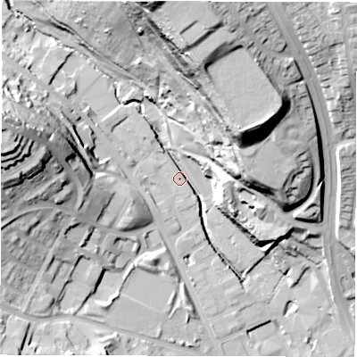 Shaded relief map of the ground around LS72HG, computed from Environment Agency LiDAR. The ground here sits at about 40 m above sea level and falls 60 m across the surrounding 800 m. Surface water reaching this point runs off ground lying to the north, 59.6 m higher.
