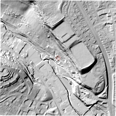 Shaded relief map of the ground around LS72HR, computed from Environment Agency LiDAR. The ground here sits at about 50 m above sea level and falls 67 m across the surrounding 800 m. Surface water reaching this point runs off ground lying to the north-north-east, 43.0 m higher.
