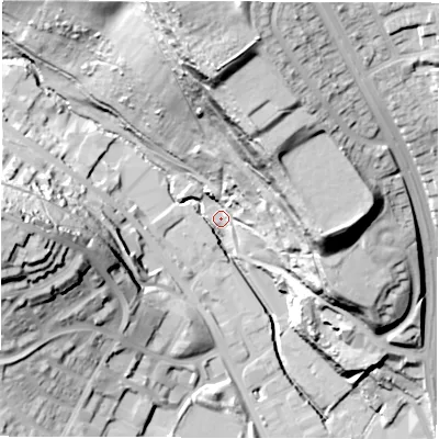 Shaded relief map of the ground around LS72HT, computed from Environment Agency LiDAR. The ground here sits at about 41 m above sea level and falls 65 m across the surrounding 800 m. Surface water reaching this point runs off ground lying to the north-north-west, 61.9 m higher.