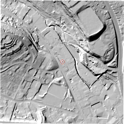 Shaded relief map of the ground around LS72HZ, computed from Environment Agency LiDAR. The ground here sits at about 40 m above sea level and falls 55 m across the surrounding 800 m. Surface water reaching this point runs off ground lying to the west-north-west, 1.5 m higher.