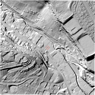 Shaded relief map of the ground around LS72JE, computed from Environment Agency LiDAR. The ground here sits at about 41 m above sea level and falls 67 m across the surrounding 800 m. Surface water reaching this point runs off ground lying to the west-south-west, 3.9 m higher.