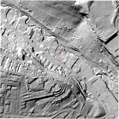 Shaded relief map of the ground around LS72JF, computed from Environment Agency LiDAR. The ground here sits at about 47 m above sea level and falls 69 m across the surrounding 800 m. Surface water reaching this point runs off ground lying to the west, 45.8 m higher.